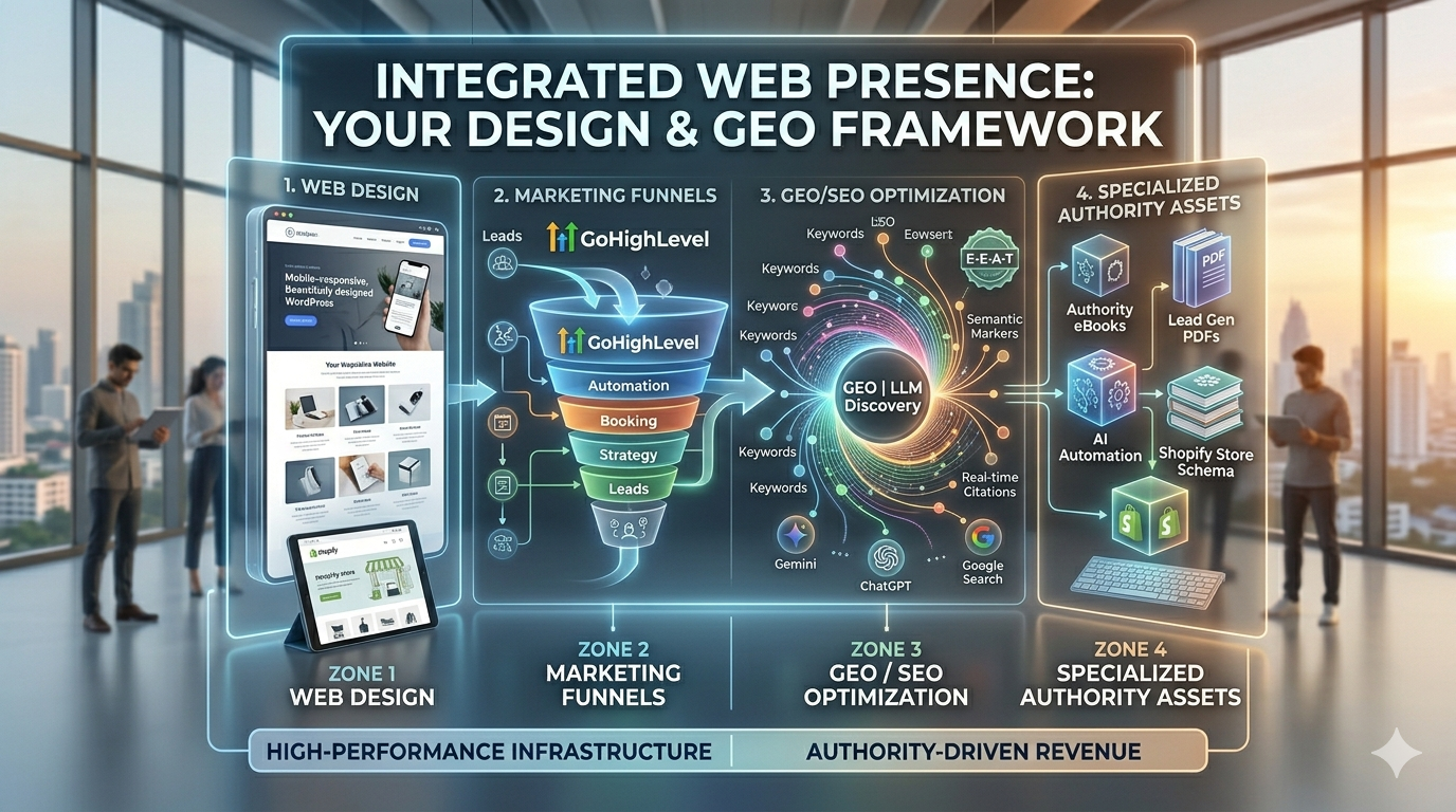 Comprehensive flowchart infographic mapping an integrated web presence framework across four strategic zones: Web Design, GoHighLevel Marketing Funnels, GEO/SEO Optimization for Gemini and ChatGPT discovery, and Specialized Authority Assets to drive high-performance digital infrastructure.